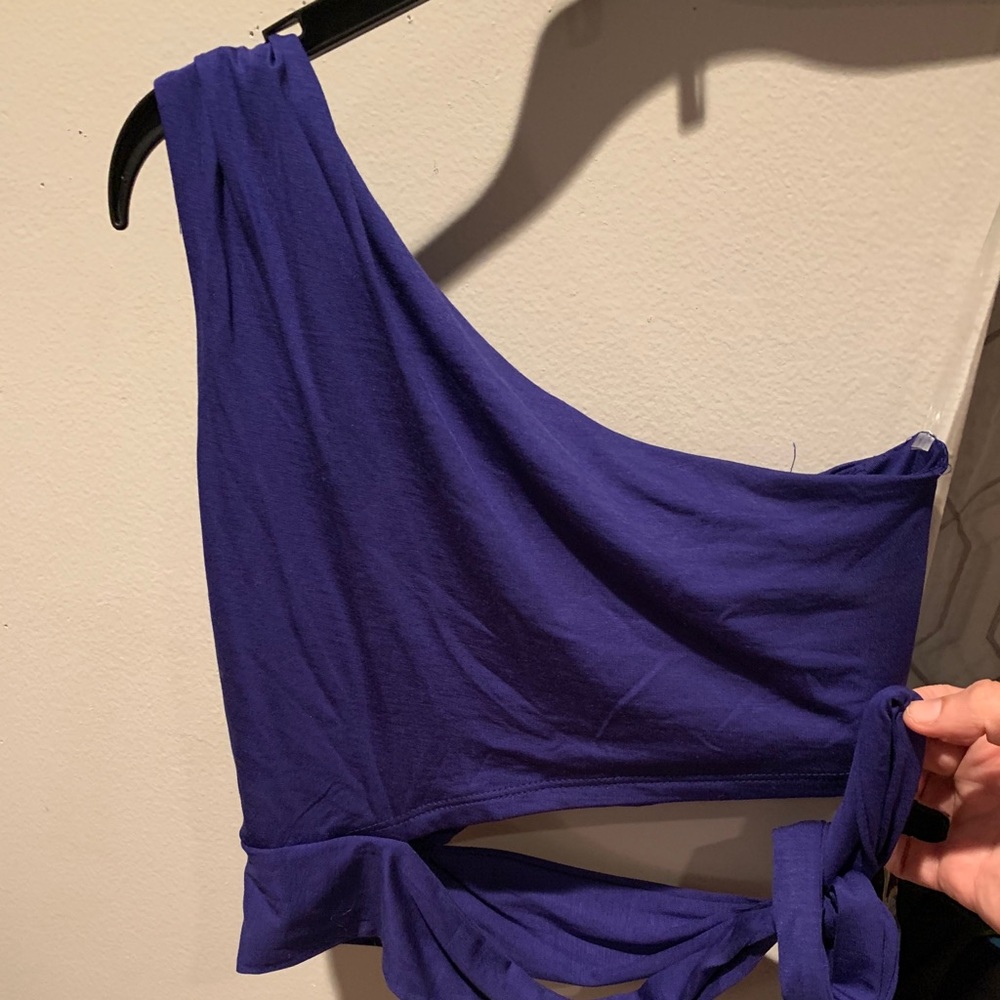 one shoulder purple crop tied to the side